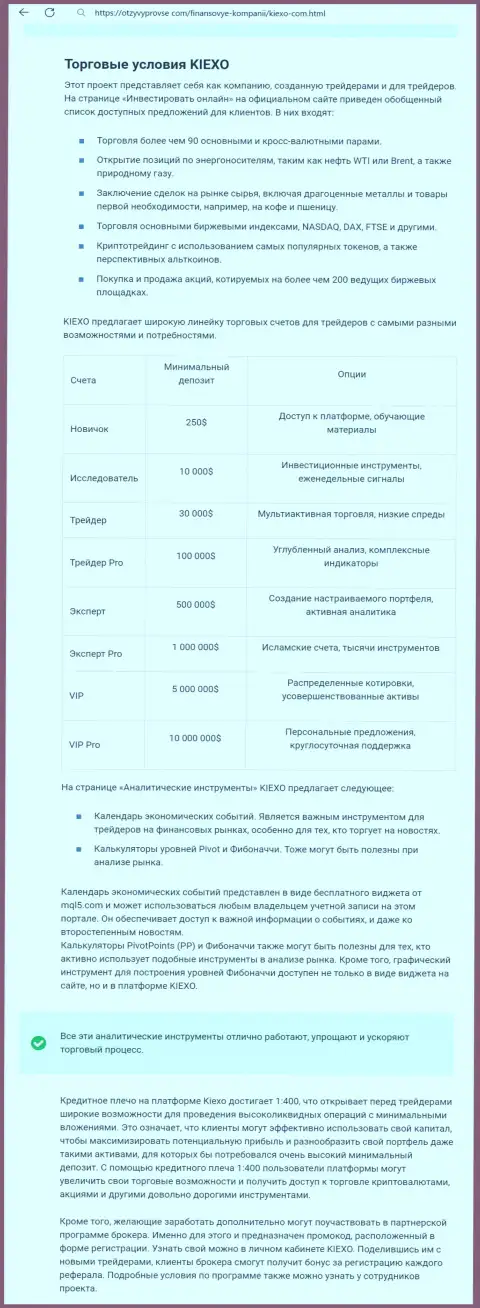 Анализ условий совершения сделок дилинговой организации Kiexo Com в информационном материале на информационном портале otzyvyprovse com