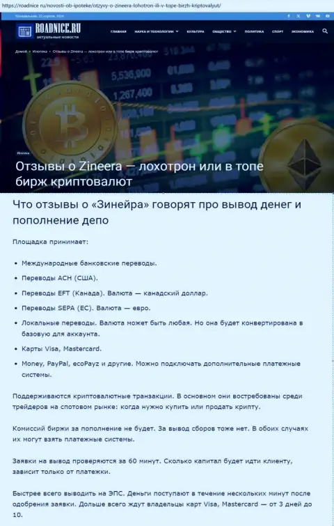 Об возврате заработанных денег в брокерской компании Зиннейра Эксчендж в информационной публикации на web-сервисе Roadnice Ru