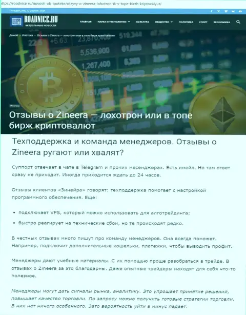 Как работает служба технической поддержки биржи Zinnera, в информационном материале на web-ресурсе Roadnice Ru